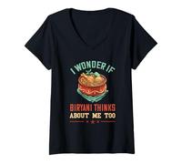 Femme Je me Demande si Biryani Pense à Moi Cuisine Indienne Biryani T-Shirt avec Col en V