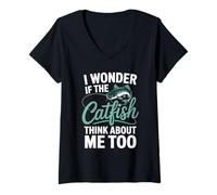 Femme Je me demande si le poisson-chat pense aussi à moi, T-Shirt avec Col en V