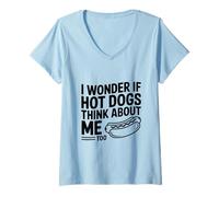 Femme Je me Demande si Les Hot Dogs pensent Aussi à Moi T-Shirt avec Col en V