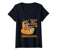 Femme Je Mets Mon Jeu en Pause pour Thanksgiving Gamer Turkey, Hommes, Femmes et Enfants T-Shirt avec Col en V