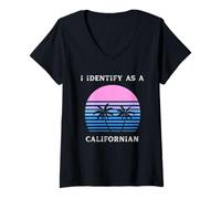 Femme Je m'identifie comme Un californien au Coucher du Soleil, Palm Trees Love CA T-Shirt avec Col en V