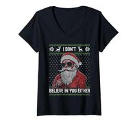 Femme Je ne Crois Pas en toi Non Plus, Père Noël avec des Lunettes de Soleil T-Shirt avec Col en V