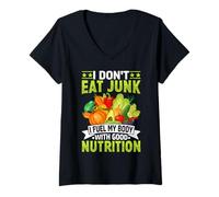 Femme Je ne Mange Pas de malbouffe, Je nourris Mon Corps avec Une Bonne Nutrition T-Shirt avec Col en V