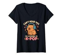 Femme Je ne Peux Pas t'entendre, j'écoute de la K-Pop Capybara Kawaii T-Shirt avec Col en V