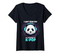 Femme Je ne Peux Pas t'entendre, j'écoute K-Pop Panda T-Shirt avec Col en V