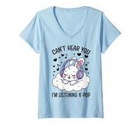 Femme Je ne Peux Pas t'entendre, j'écoute Kpop Bunny Cute T-Shirt avec Col en V