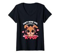 Femme Je ne Peux Pas t'entendre, j'écoute Kpop Cute Bunny Kawaii T-Shirt avec Col en V