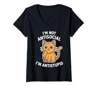 Femme Je ne suis Pas Antisocial, Je suis antistupide, drôle de Chat T-Shirt avec Col en V