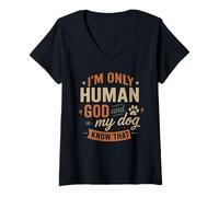 Femme Je ne suis Que Dieu Humain et Mon Chien Le Sait - Funny Christian T-Shirt avec Col en V
