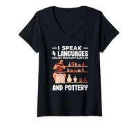 Femme Je Parle 4 Langues : Anglais, poterie, blasphème, Sarcasme T-Shirt avec Col en V