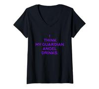 Femme Je Pense Que Mon Ange Gardien boit de la malchance Sarcastique T-Shirt avec Col en V