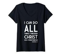 Femme Je peux tout faire à travers le Christ (Philippiens 4, 13). T-Shirt avec Col en V