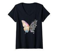 Femme Je Peux Tout Faire grâce au Christ Butterfly Art Christian T-Shirt avec Col en V
