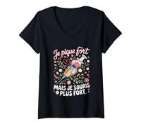 Femme Je Pique Fort mais Je Souris Plus Fort Infirmière T-Shirt avec Col en V