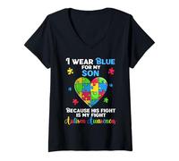 Femme Je porte des chemises bleues pour mon fils en forme de cœur autiste, papa et maman autistes T-Shirt avec Col en V