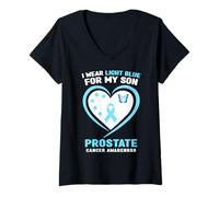 Femme Je Porte du Bleu Clair pour sensibiliser Mon Fils au Cancer de la Prostate T-Shirt avec Col en V