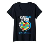 Femme Je Porte du Bleu pour Mon Fils - Autism Awareness Support Parents T-Shirt avec Col en V