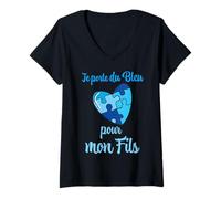 Femme Je Porte du Bleu pour Mon Fils Soutien Autisme T-Shirt avec Col en V