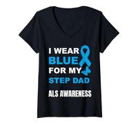 Femme Je Porte du Bleu pour SENSIBILISER Mon Beau-PÈRE À LA MALADIE T-Shirt avec Col en V