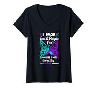 Femme Je Porte du Bleu Sarcelle et du Violet pour Quelqu'un Qui me Manque. Prévention du Suicide T-Shirt avec Col en V