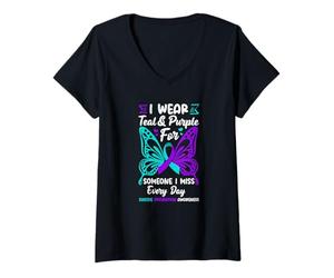 Femme Je Porte du Bleu Sarcelle et du Violet pour Quelqu'un Qui me Manque. Prévention du Suicide T-Shirt avec Col en V