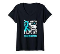 Femme Je Porte du Bleu Sarcelle Parce Que J'aime Le Cancer du col de l'utérus de ma Grand-mère T-Shirt avec Col en V