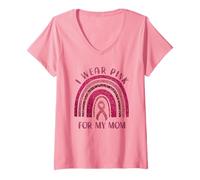 Femme Je Porte du Rose pour ma mère, Un léopard Arc-en-Ciel Contre Le Cancer du Sein T-Shirt avec Col en V