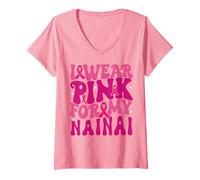 Femme Je Porte du Rose pour Mes Enfants de Nainai, Qui sont sensibilisés au Cancer du Sein T-Shirt avec Col en V