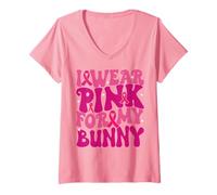 Femme Je Porte du Rose pour Mon Lapin, Sensibilisation au Cancer du Sein pour Les Enfants T-Shirt avec Col en V