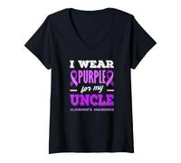 Femme Je Porte du Violet pour sensibiliser Mon Oncle à la maladie d'Alzheimer T-Shirt avec Col en V