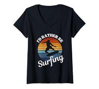Femme Je préfèrerais Surfer sur Vintage Sunset : Soleil, mer et Surf T-Shirt avec Col en V