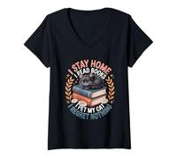 Femme Je Reste à la Maison Je lis des Livres Je Caresse Mon Chat Je ne Regrette Rien T-Shirt avec Col en V