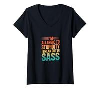Femme Je suis Allergique à la stupidité - Break in Sass - Rétro T-Shirt avec Col en V