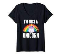 Femme Je suis Juste Une Licorne Tête Souriante Arc-en-Ciel T-Shirt avec Col en V