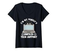 Femme Je suis Le Support Technique Non rémunéré de ma Famille IT Computer Cat T-Shirt avec Col en V