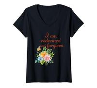 Femme Je suis racheté et pardonné - Floral Christian Faith T-Shirt avec Col en V
