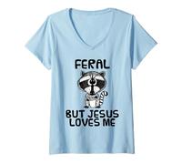 Femme Je suis sauvage mais Jésus m'aime, l'église du raton laveur T-Shirt avec Col en V
