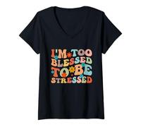 Femme Je suis trop béni pour être stressé Jésus rétro chrétien T-Shirt avec Col en V