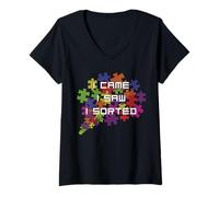Femme Je suis Venu, J'Ai vu, J'Ai trié Les Amateurs de Puzzles T-Shirt avec Col en V