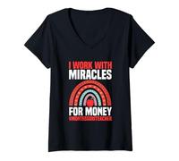 Femme Je Travaille avec Miracles for Money, Professeur Montessori T-Shirt avec Col en V