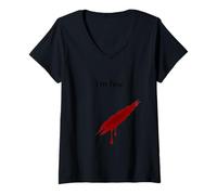 Femme Je Vais Bien Tache De Sang Mème Horreur Minimal T-Shirt avec Col en V