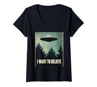 Femme Je Veux Croire à Un rêve rétro Classique Entre Un ovni et Une Rencontre avec Un Extraterrestre T-Shirt avec Col en V