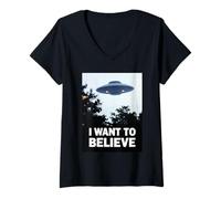 Femme Je Veux Croire à Une Rencontre Entre Une Photo Classique d'UFO UAP et Un rêve T-Shirt avec Col en V