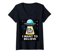 Femme Je veux croire | Parodie X-Files | Conception de chat ovni T-Shirt avec Col en V