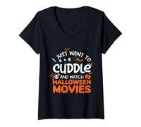 Femme Je Veux Juste câliner et Regarder des Films d'halloween T-Shirt avec Col en V