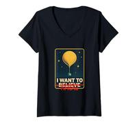 Femme Je Veux Savoir, ne Pas Croire à UFO, UAP, Paranormal Alien Science T-Shirt avec Col en V