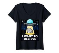 Femme Je veux y croire | Parodie de X-Files | Ufo Cat Design T-Shirt avec Col en V