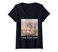 Femme Je vis Ici Maintenant, mème drôle de Baseball de Raton T-Shirt avec Col en V