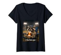 Femme Je vis Ici Maintenant, Racoon Funny Baseball Meme T-Shirt avec Col en V