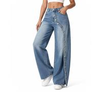 Femme Jean Large Boutonné Latéral Taille Haute Coupe Jambes Longues | Patte Pressionnée Bas, Pantalon Urbain, Esprit Rétro Pièce, Vêtement Sortie, Pour Trajets Quotidiens Et Dîners